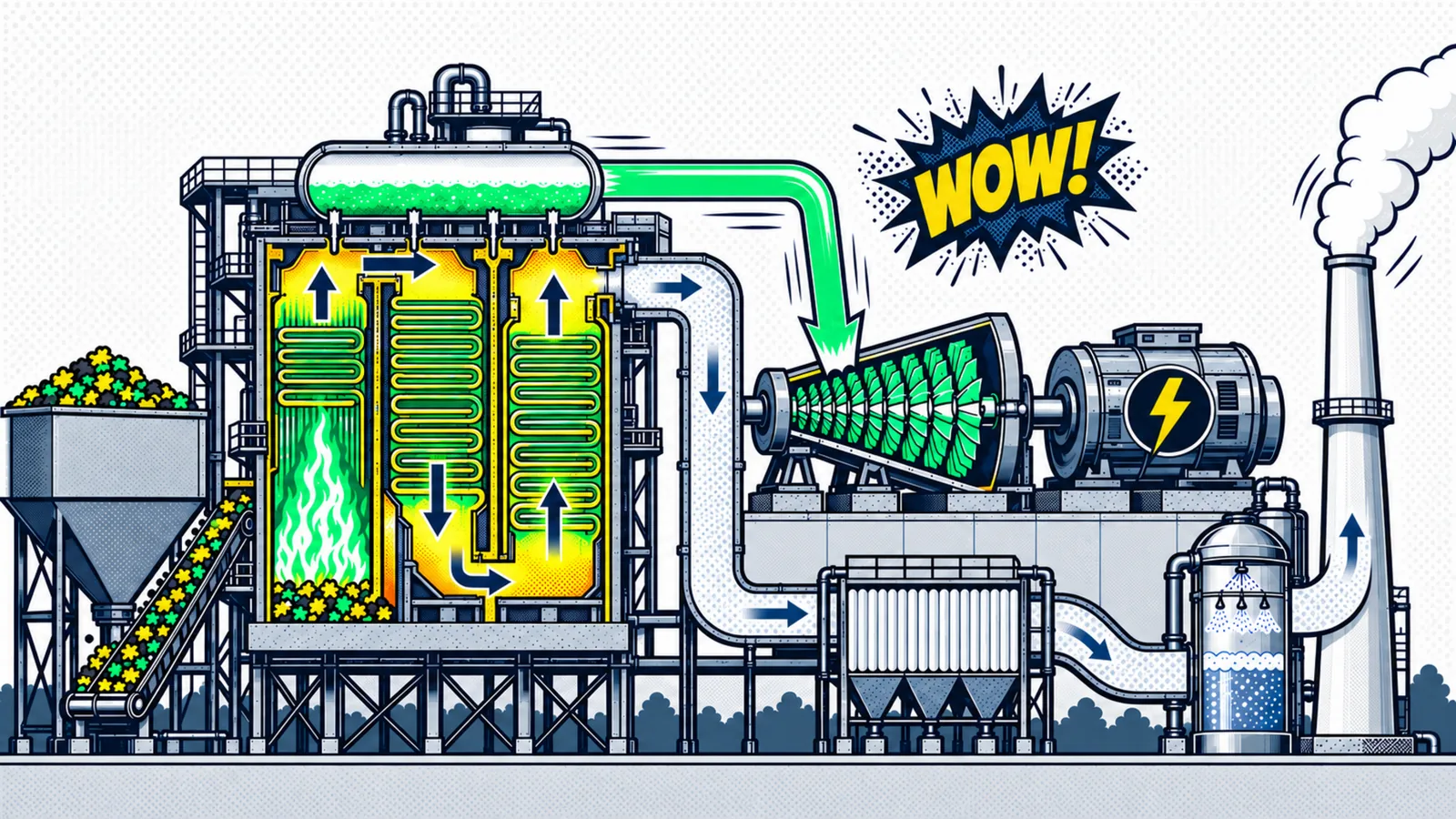 Schemat instalacji energetycznej: paliwo, kocioł, turbina z generatorem, oczyszczanie spalin i komin